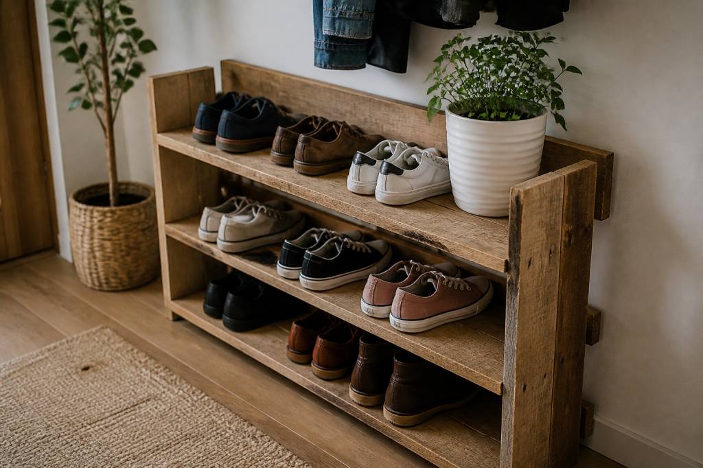 DIY-Schuhregal aus alten Holzbrettern für Flur und Eingangsbereich selbst bauen